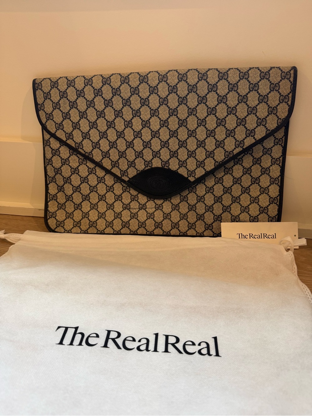 Gucci Navy and Beige GG Monogram Leather envelope clutch
